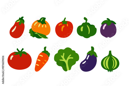 Collection of colorful, cartoon-style vegetables arranged in two rows