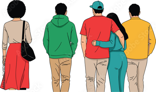 People walking together illustration, rear view friends couple urban lifestyle, casual fashion characters, modern flat vector design, social, diversity, concept