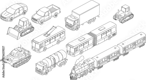 Isometric outline vehicles set including cars, trucks, buses, trains, construction machines, military tank, detailed transport line art illustrations for engineering, design, and educational projects