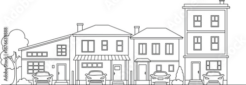 Neighborhood street illustration with modern houses, cars, trees, and residential buildings, clean line art design for real estate, architecture, urban planning, and housing projects