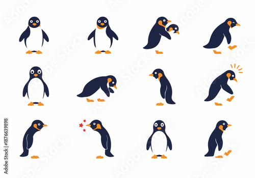 A diverse collection of cute cartoon penguin illustrations depicting various poses, actions, and emotions in a simple flat vector style.