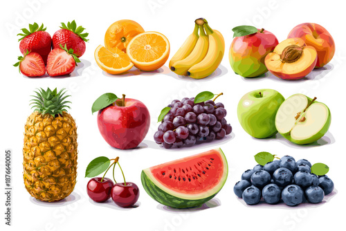 A vibrant collection of fresh, ripe fruits arranged artfully on a white background