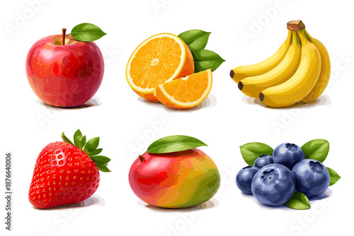 Assortment of fresh, vibrant fruits including apple, orange, bananas, strawberry, mango, and blueberries
