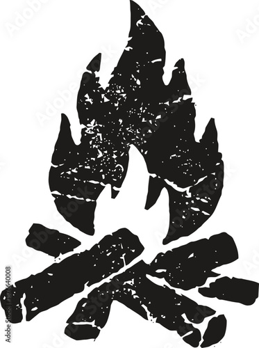 Rustic campfire illustration with distressed texture flames and logs