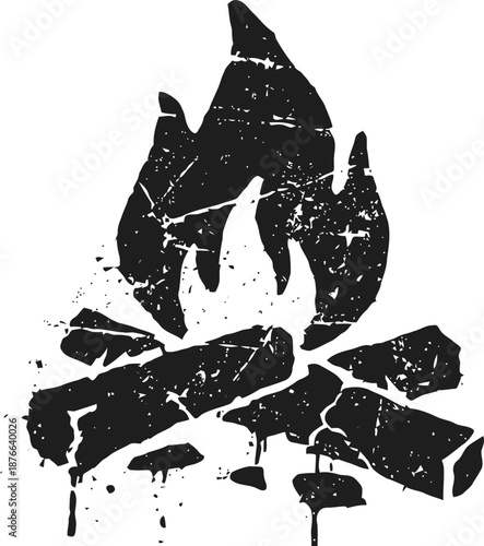 Grunge campfire illustration with burning logs and flames design