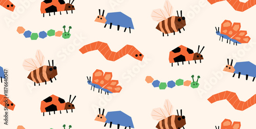 Geometric Bugs and Insects Pattern with Caterpillars, Bees, Ladybugs, Worms, and Butterflies. Colorful Minimalist Design in Childlike Style. Fun and Cute Seamless Repeating Background.