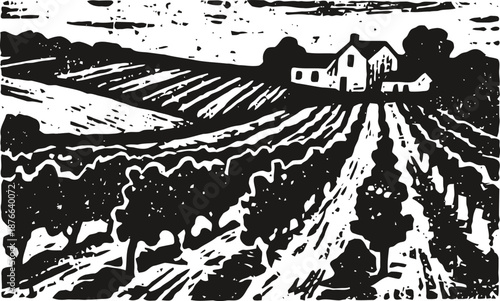 Countryside farmhouse surrounded by cultivated farmland and orchards under rolling hills