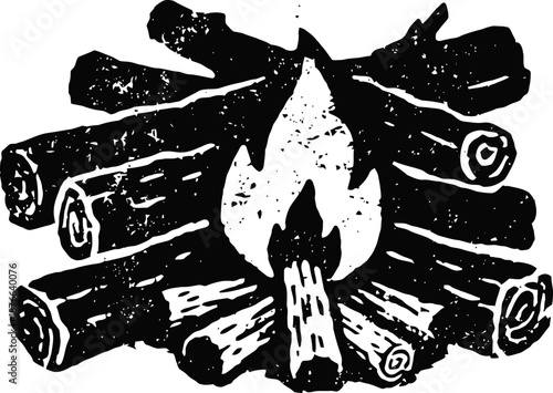Campfire with burning flame and wood logs illustration in black and white