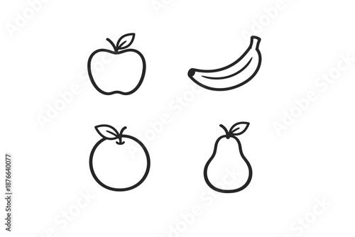 Simple line art icons of four different fruits arranged in a grid