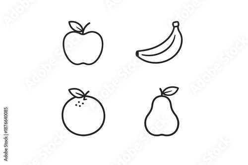Simple line art icons of four common fruits arranged in a grid