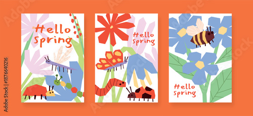 Set of Hello Spring cards, Cute Childish insects, Bee, Butterfly, Dragonfly, Ladybug, Caterpillar, geometric Doodle Flowers and Leaves, colourful Greeting Poster and Banner, Flat Vector Illustration