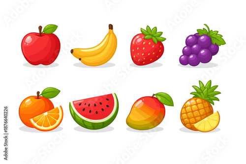 Wallpaper Mural Collection of colorful cartoon fruits including apple, banana, strawberry, grapes, orange, watermelon, mango, and pineapple Torontodigital.ca