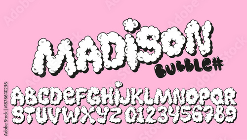 Bubble gum font design. Graffiti bubble alphabet set. Hand drawn balloon letters and numbers. Funky vector typeface
