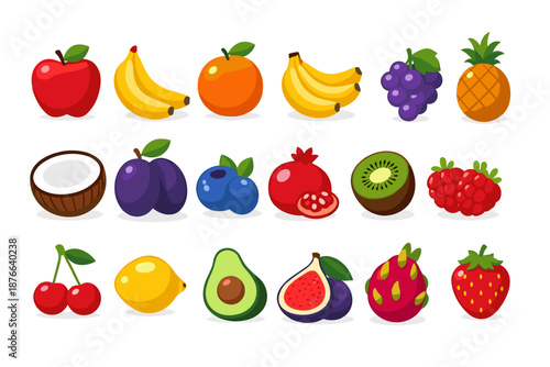Collection of colorful cartoon fruits arranged in rows on a white background