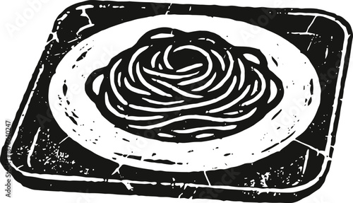 Plate of spaghetti pasta with sauce on a square tray, vintage black and white illustration