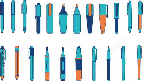Stationery illustration set featuring pens, pencils, markers, and drawing tools in colorful flat design, office supplies artwork for education, work, creativity, and design projects