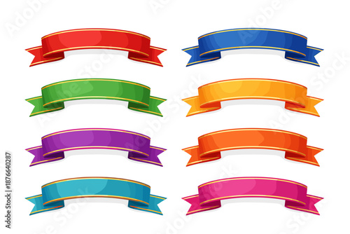 Collection of eight colorful ribbons with gold trim on a white background