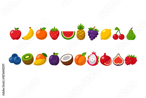 Collection of colorful cartoon fruits arranged in two rows on a white background