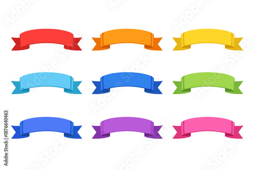 Collection of nine colorful flat design banners and ribbons