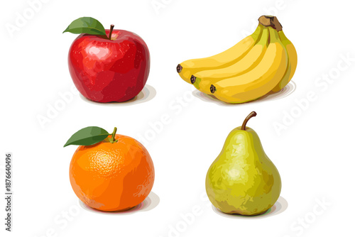 A vibrant collection of fresh fruits including an apple, bananas, an orange, and a pear