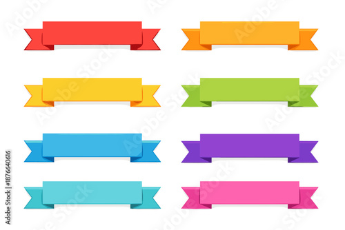 Collection of eight colorful flat design ribbons for graphic design elements