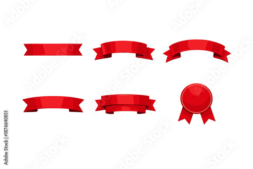Collection of diverse red ribbons and award rosette for design elements