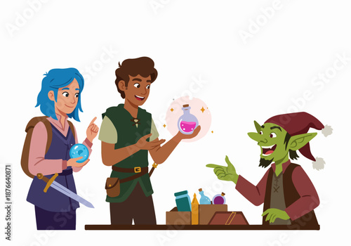 Adventurers engaging in a magical trade with a friendly goblin merchant, featuring potions, a crystal ball, and fantasy elements.