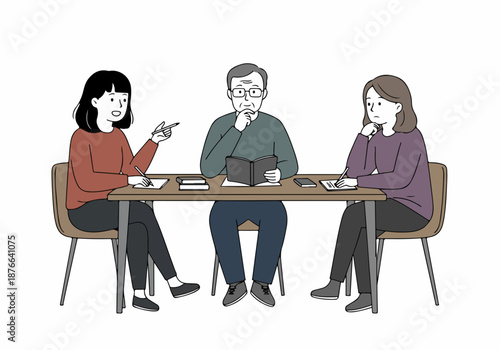 Three individuals of diverse ages engaged in a productive meeting, discussion, or study session at a table, highlighting collaboration and learning.