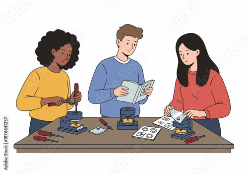 Diverse young adults collaborate on a creative crafting project, using button-making machines and following instructions to create custom items in a DIY workshop.