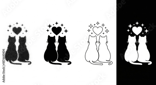 Adorable cat pair silhouettes with heart and star designs