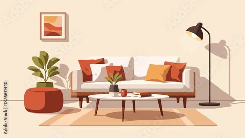 Cozy Living Room Interior with Sofa, Coffee Table, and Decor.