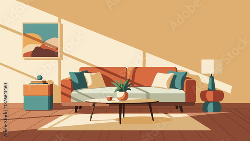 Cozy Living Room Interior with Sunlight and Modern Furniture.