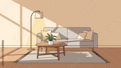 Cozy Living Room Interior with Sunlight and Modern Furniture.