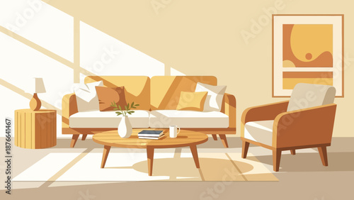 Cozy Living Room Interior with Sunlight and Modern Furniture.