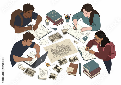 Diverse students collaborate on historical research, studying blueprints and old photographs in a focused group study session, exploring architecture and knowledge.