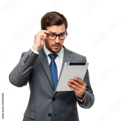 Stressed Businessman in Grey Suit Adjusts Glasses While Staring at Tablet Against White Background — Furrowed Brow, Tense Posture — Symbolizing Workplace Pressure, Tech Glitches, Decision Fatigue, or 