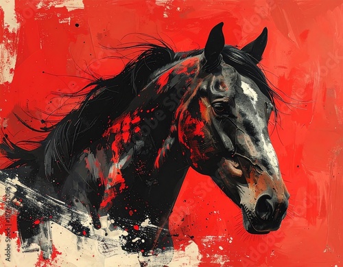 Artistic portrait of a black horse on red background.