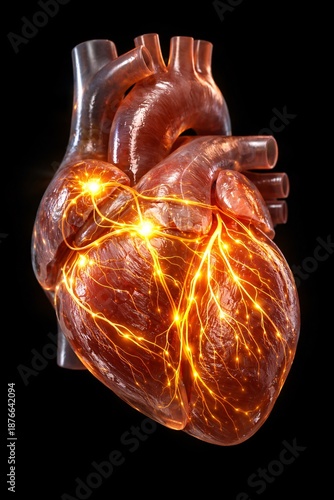 Glowing Human Heart Anatomy on Dark Background, Detailed Medical Illustration of Cardiovascular System Showing Arteries and Veins for Healthcare, Cardiology, Biology, Medical Education, Science Resear
