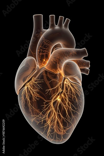Glowing Human Heart Anatomy on Dark Background, Detailed Medical Illustration of Cardiovascular System Showing Arteries and Veins for Healthcare, Cardiology, Biology, Medical Education, Science Resear