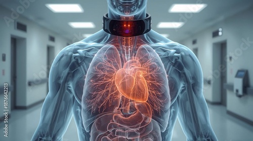Futuristic Human Anatomy with Glowing Heart and Internal Organs, Advanced Medical Technology Visualization for Healthcare, Cardiology, Wearable Tech, Artificial Intelligence, Digital Health, Science I