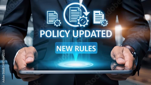 Business professional holding tablet with policy updated notification, Corporate compliance, new rules implementation, governance management, regulatory change, and digital documentation process.