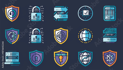 Data Security Icons Set Cyber Shield and Encryption Theme - Vector Illustration