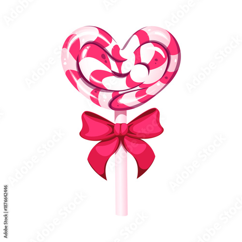 Heart-shaped lollipop with a bow. A sweet symbol of love for Valentine's Day. Vector illustration.