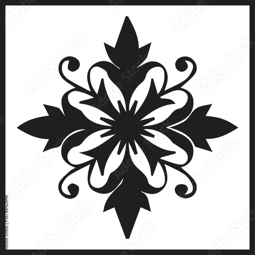 An elegant symmetrical black floral ornament with intricate details set against a crisp white background