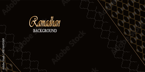 Ramadan Kareem Black gold brownwith beautiful arabesque pattern and hanging lanterns. Simple design, web