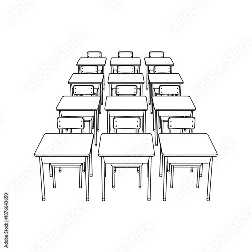 Empty classroom with desks and chairs in rows.