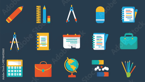 Education Icon Set with School Supplies - Colorful Flat Vector Illustration