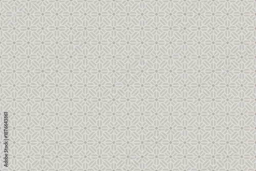 Seamless geometric pattern featuring an orderly grid of interlocking lines and symmetrical shapes arranged in a repeating lattice design, with soft neutral tones of gray and beige.