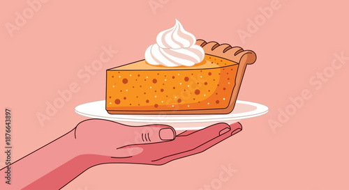 A hand holding a slice of pumpkin pie with whipped cream.