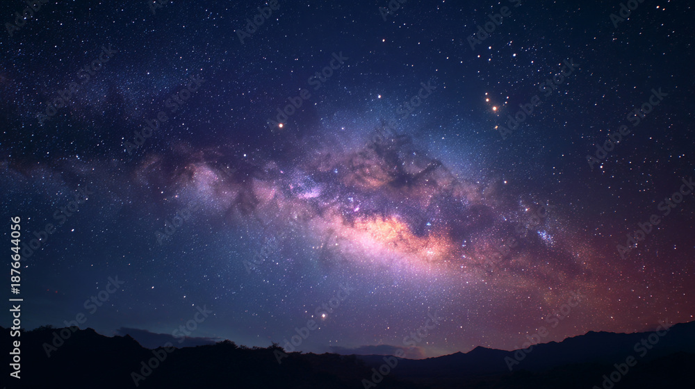 Fototapeta premium The Milky Way galaxy is visible in the night sky above mountains